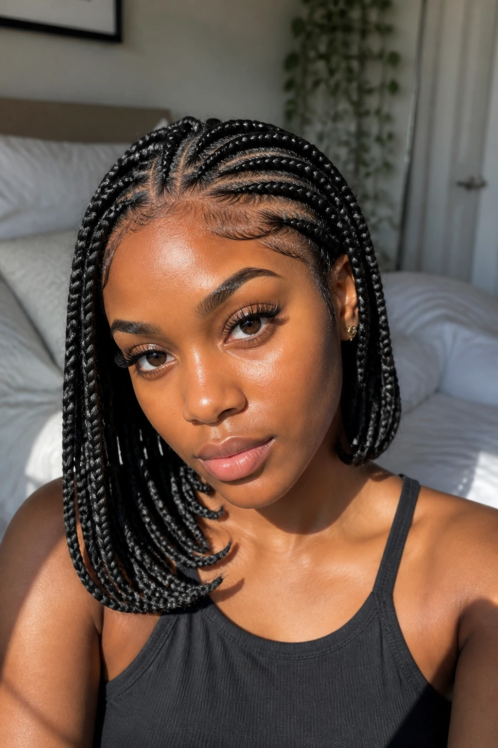 Close-up of a real person showing a tidy braided hairstyle emphasizing quick installs and protective ends