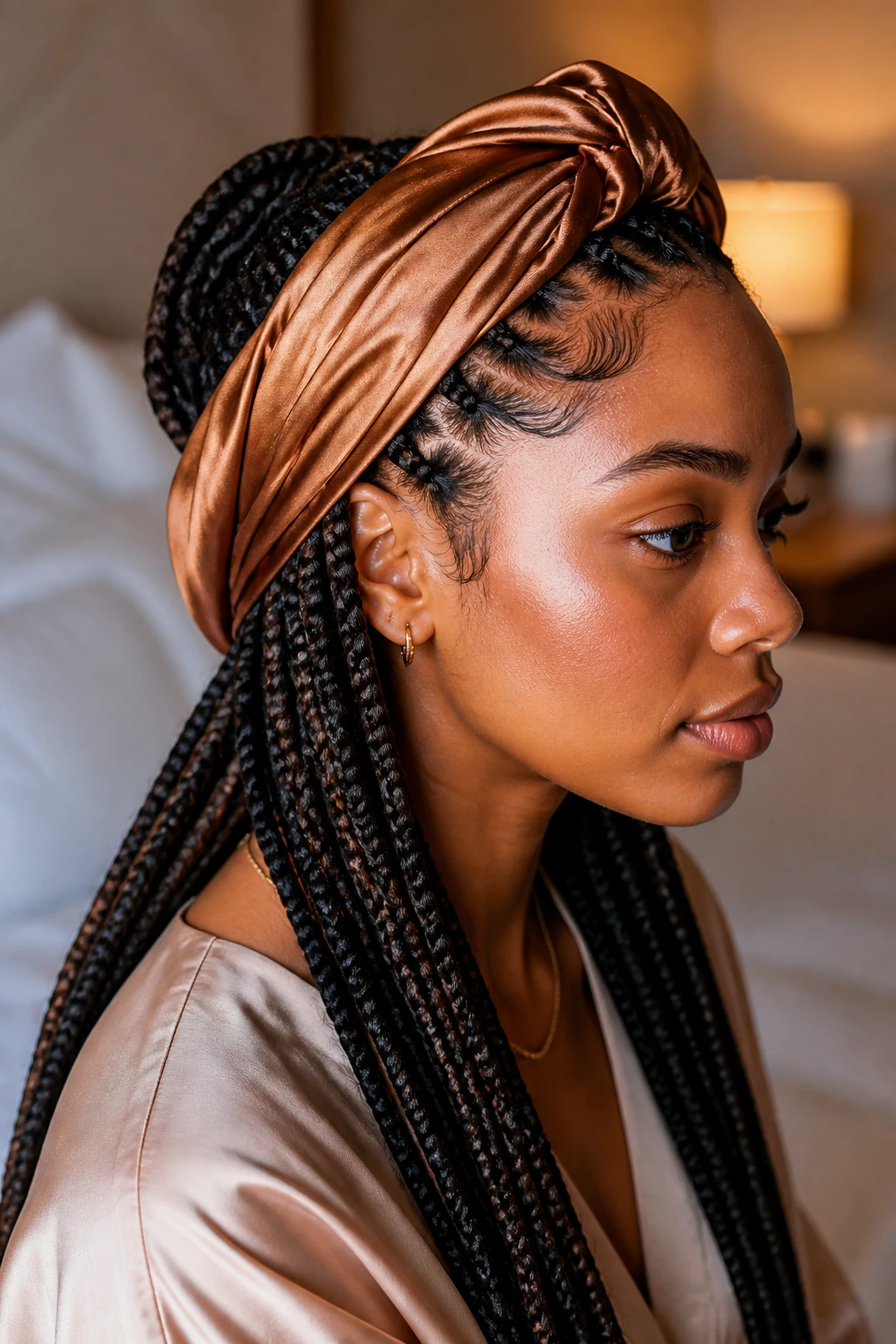 Close-up of a real person with neat braids wrapped in a satin scarf at the crown