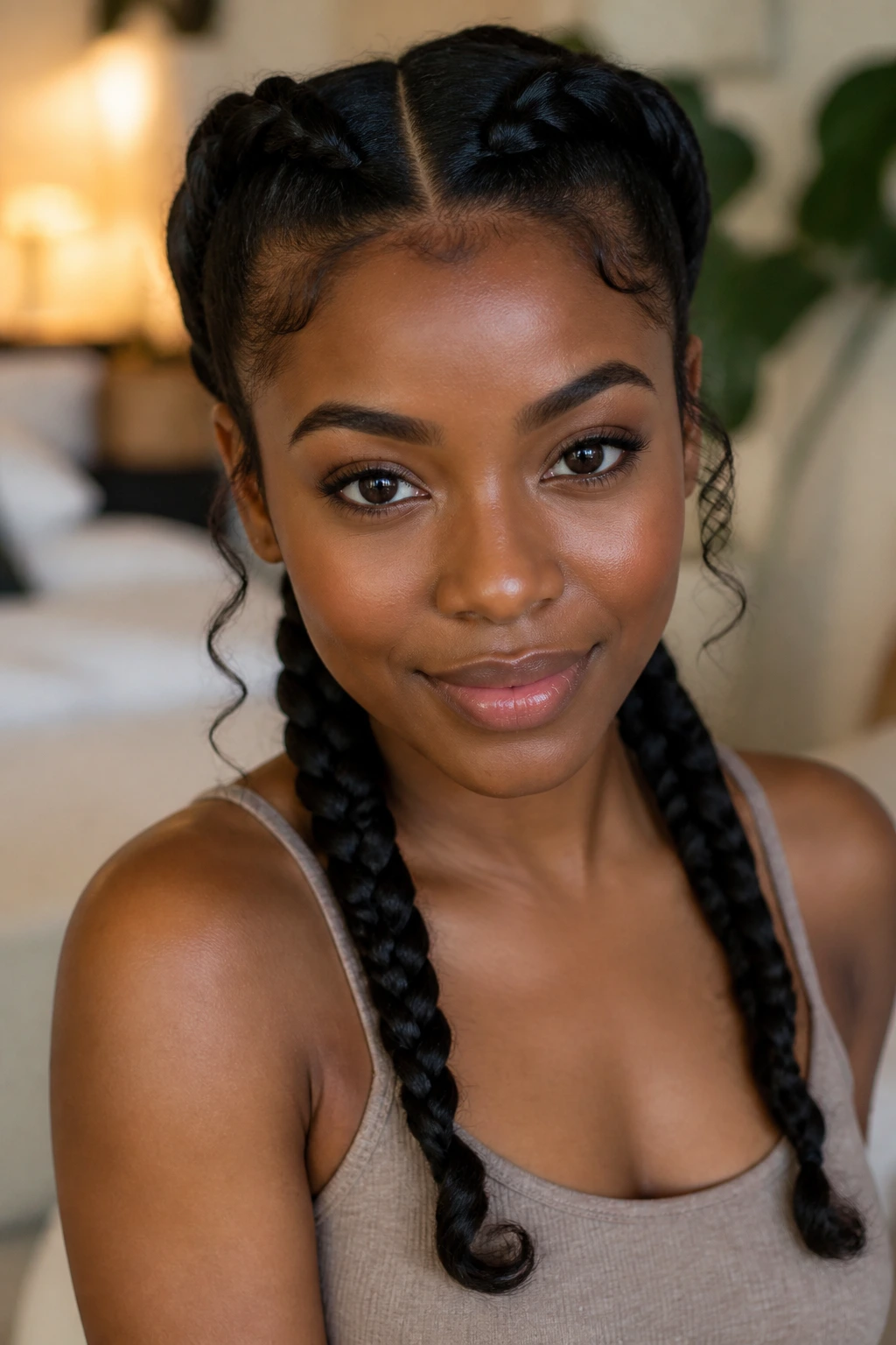 Portrait of a woman with two braids and face-framing tendrils curling at the cheeks.