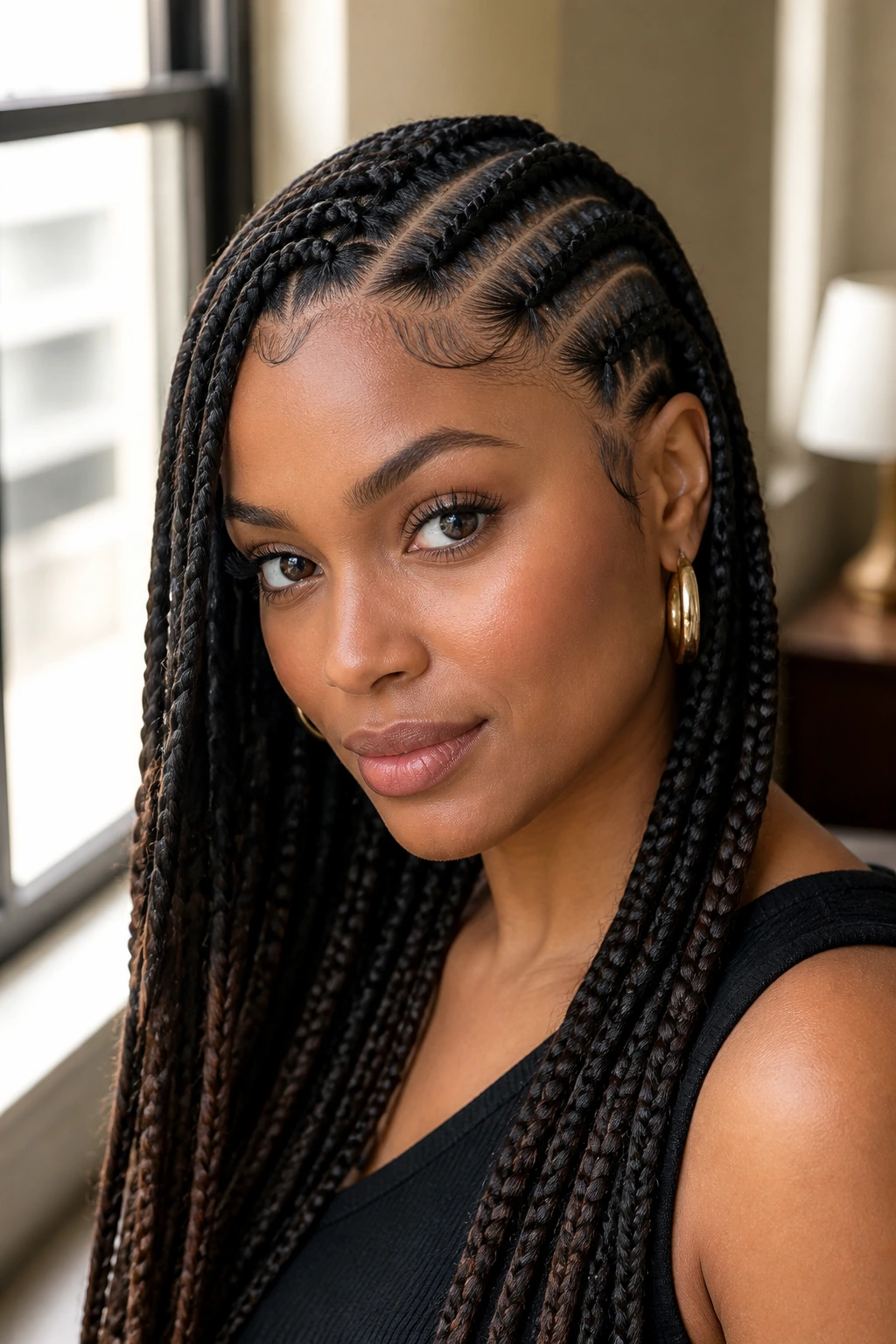 Close-up of a real woman wearing braids that soften a square face with diagonal parts