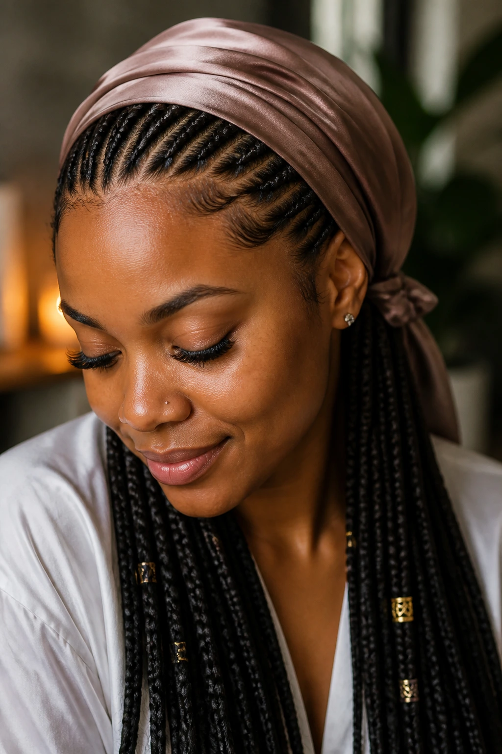 Portrait of a person with glossy braids and satin scarf