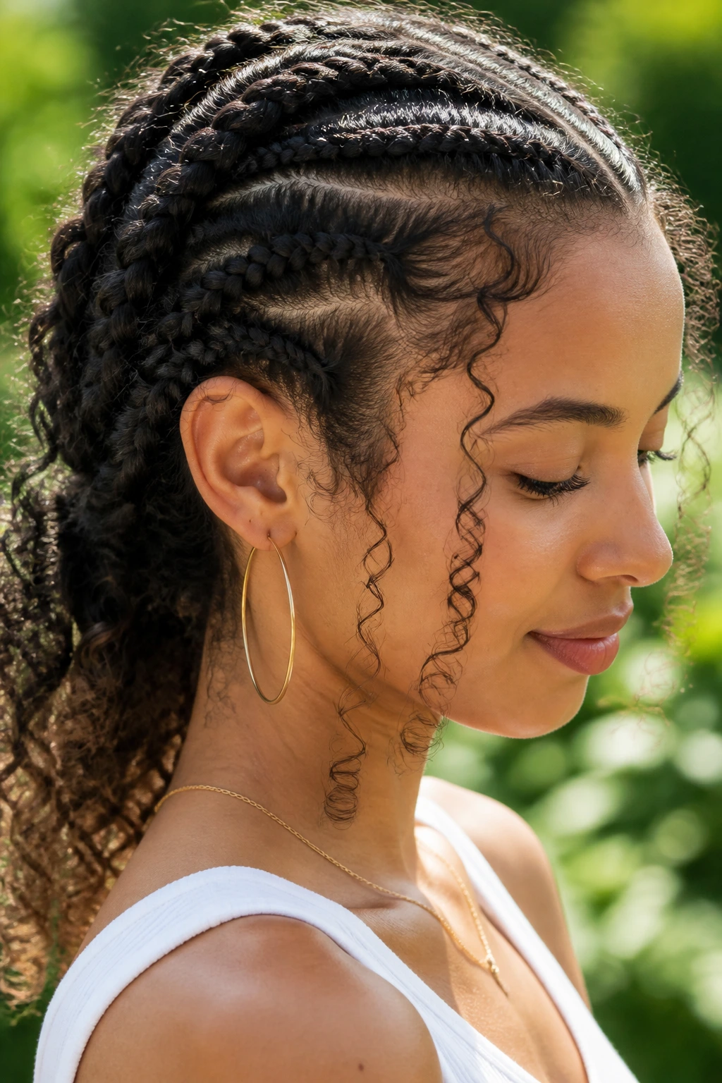 Close-up of a real woman with braids pulled off the neck in a sunny outdoor setting