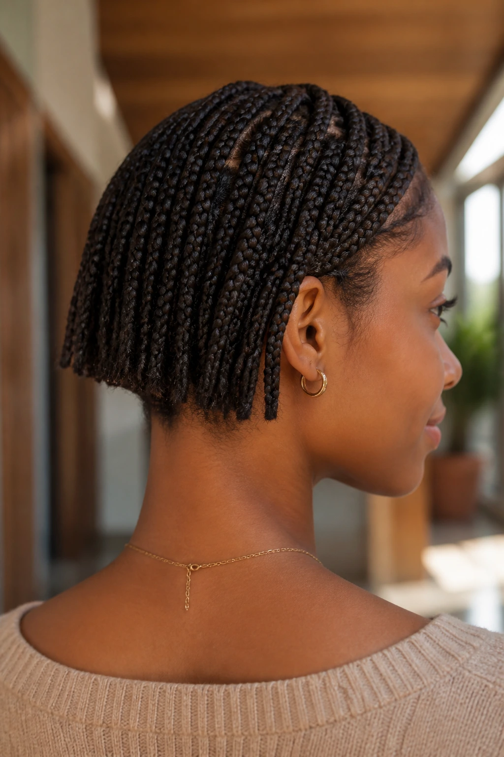Close-up of a real woman with tapered nape-length box braids in a warm hallway