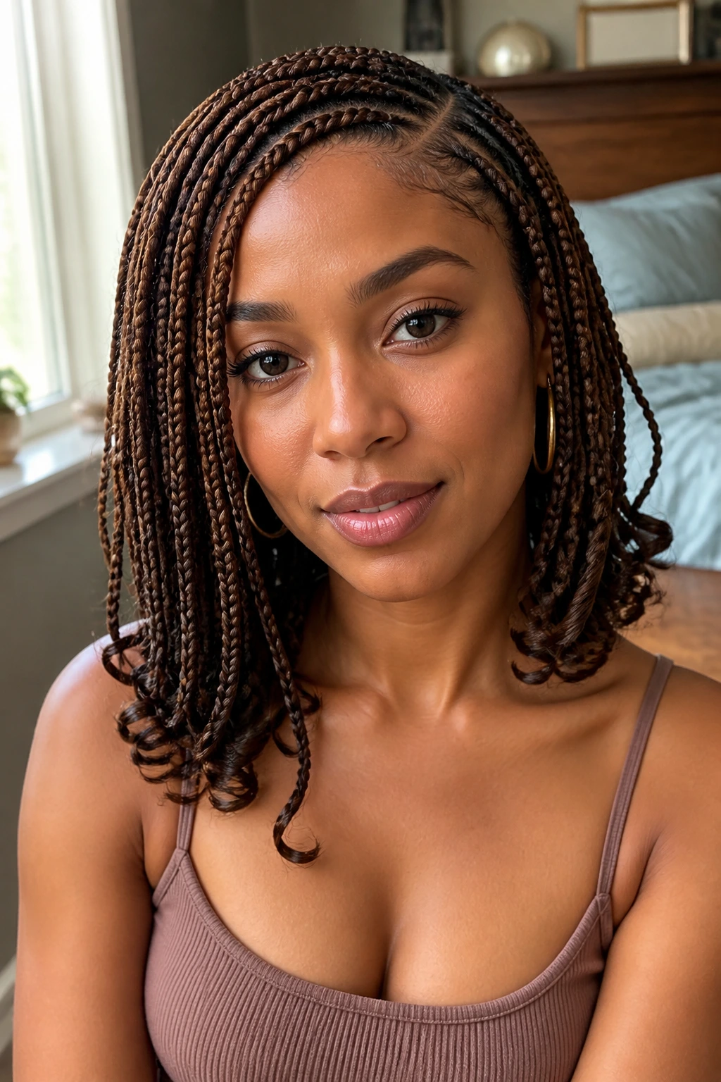 Close-up of braided hairstyle with curved parting and curled ends in warm bedroom light
