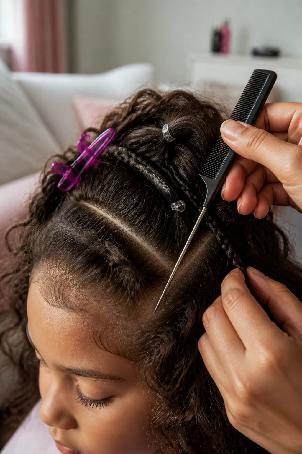Hands and tools close-up during braiding a real child's hair.