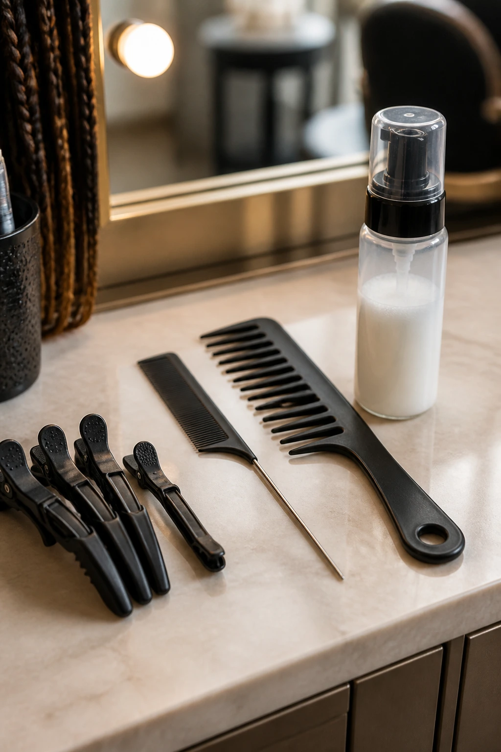 Close-up of neatly arranged hair-styling tools for long braids on wavy hair