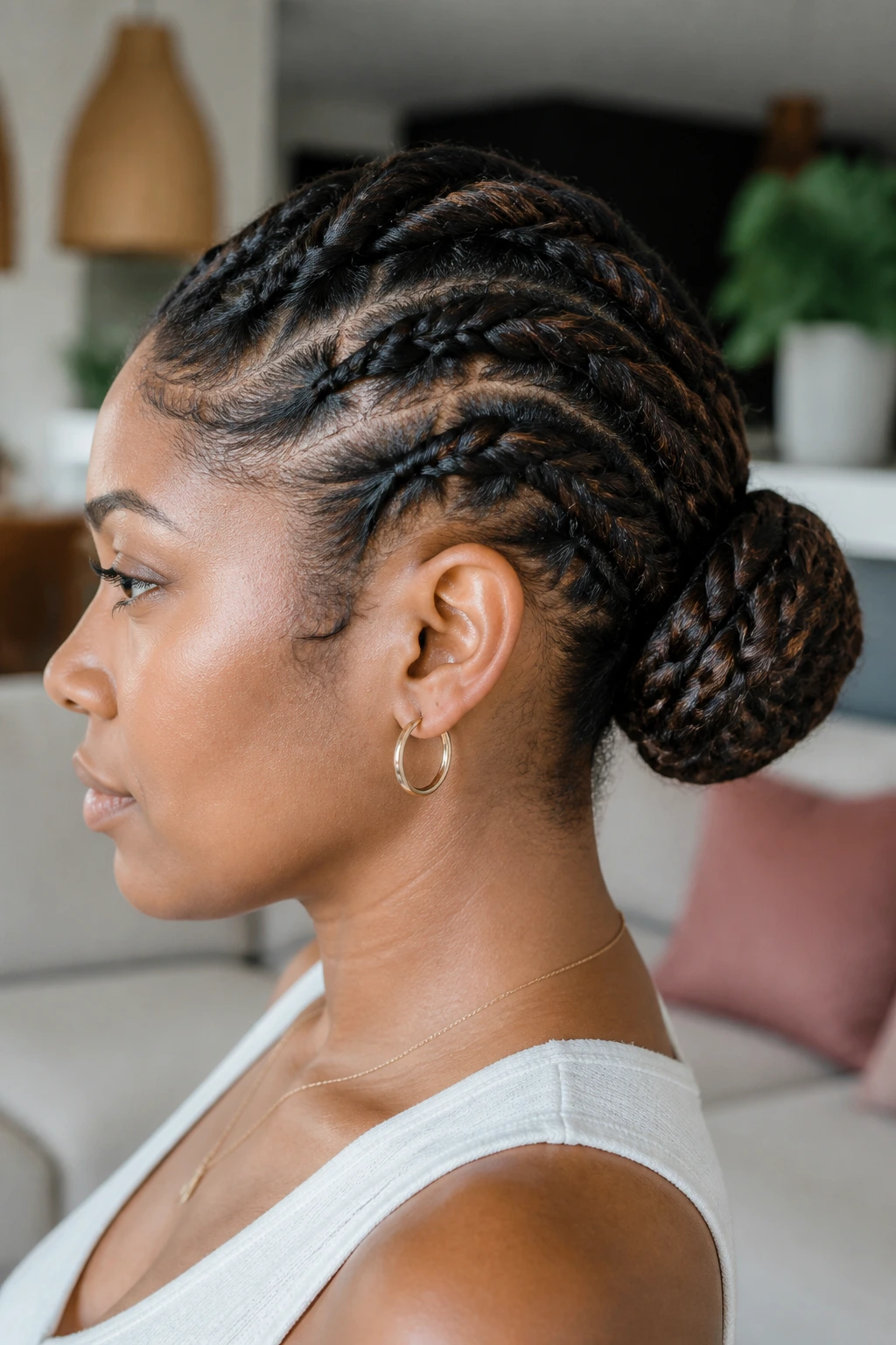 Real person with braided roots transitioning into a twist bun