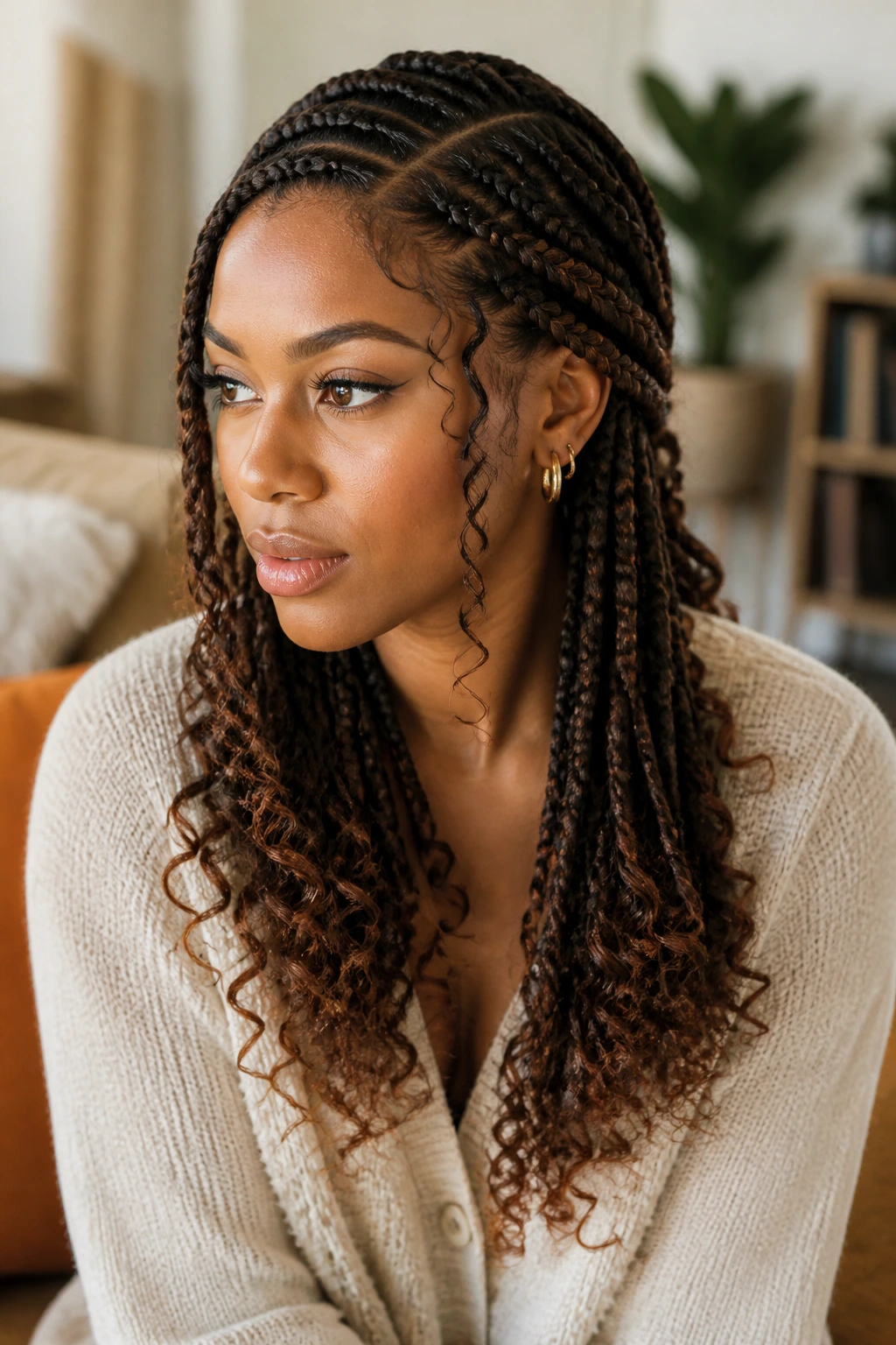 Woman with soft romantic braided variation and side part in cozy room
