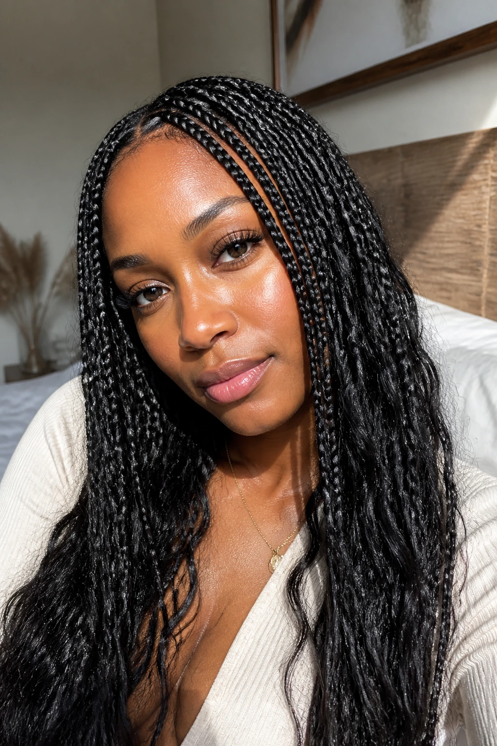 Close-up of a real woman with a knotless protective braid in warm bedroom light