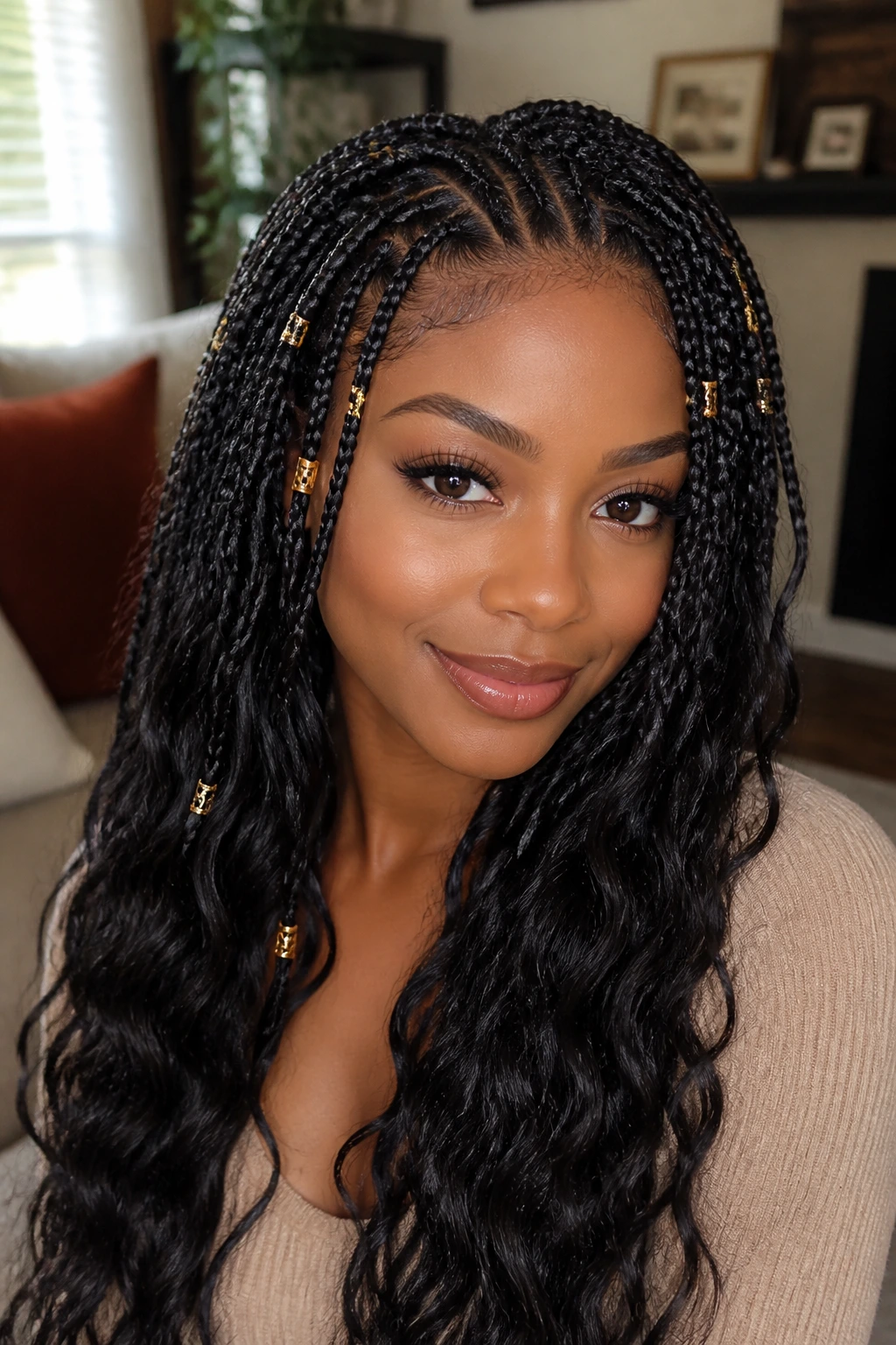 Close-up of a real woman with black braids on wavy hair, knotless and feed-in roots in natural window light