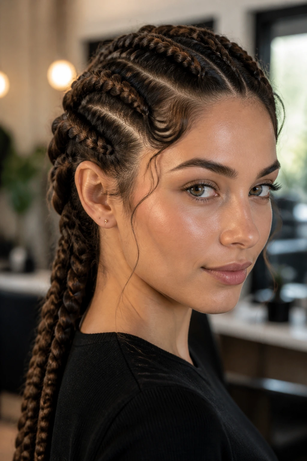 Close-up of a real woman with scalp-hugging braids on wavy hair in a salon.