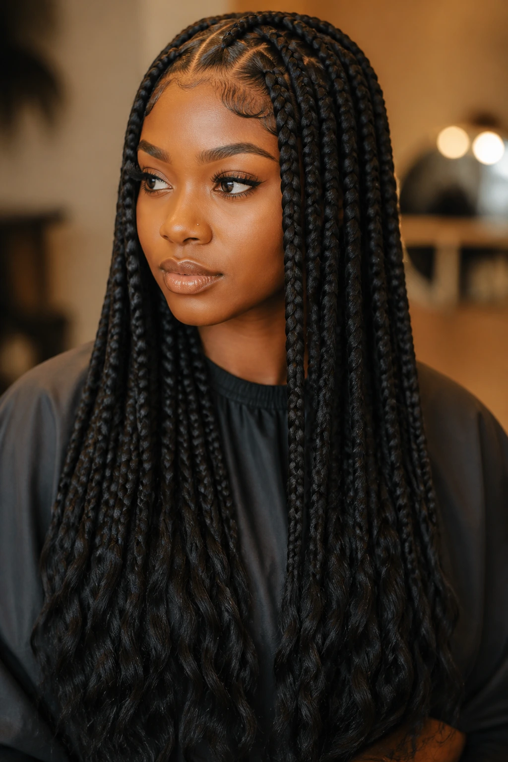 Close-up of braids cascading downward, weight concentrated toward the lower third.