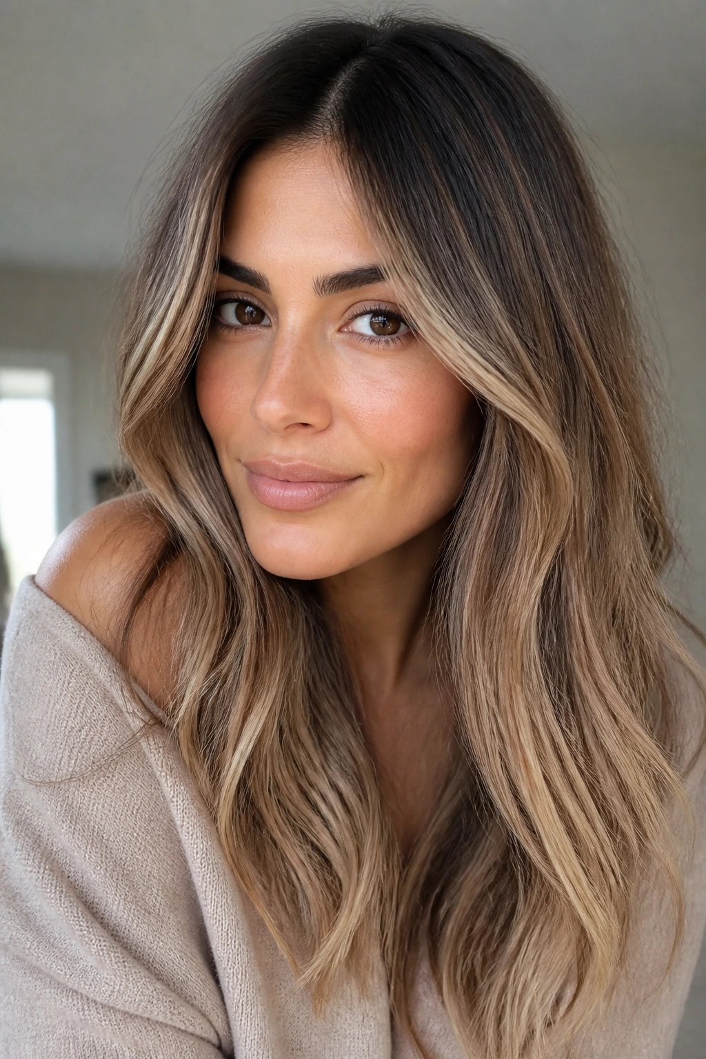 Portrait of a woman with beige and champagne blonde tones on olive skin