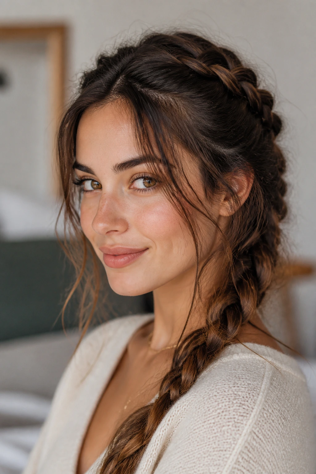 Close-up of a breathable, softly arranged French braid framing the face