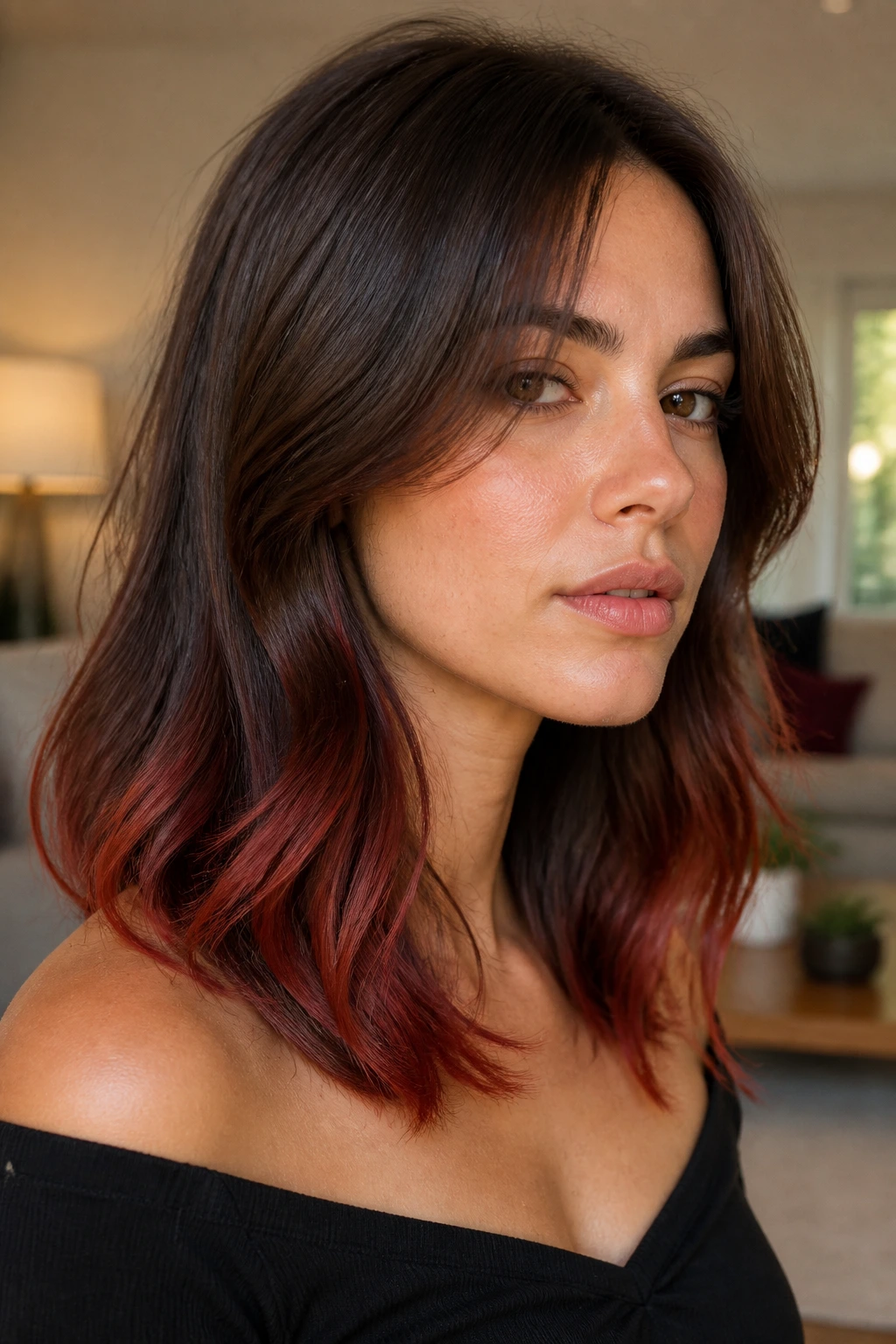 Close-up of a real woman with brick red balayage tips on brunette hair.