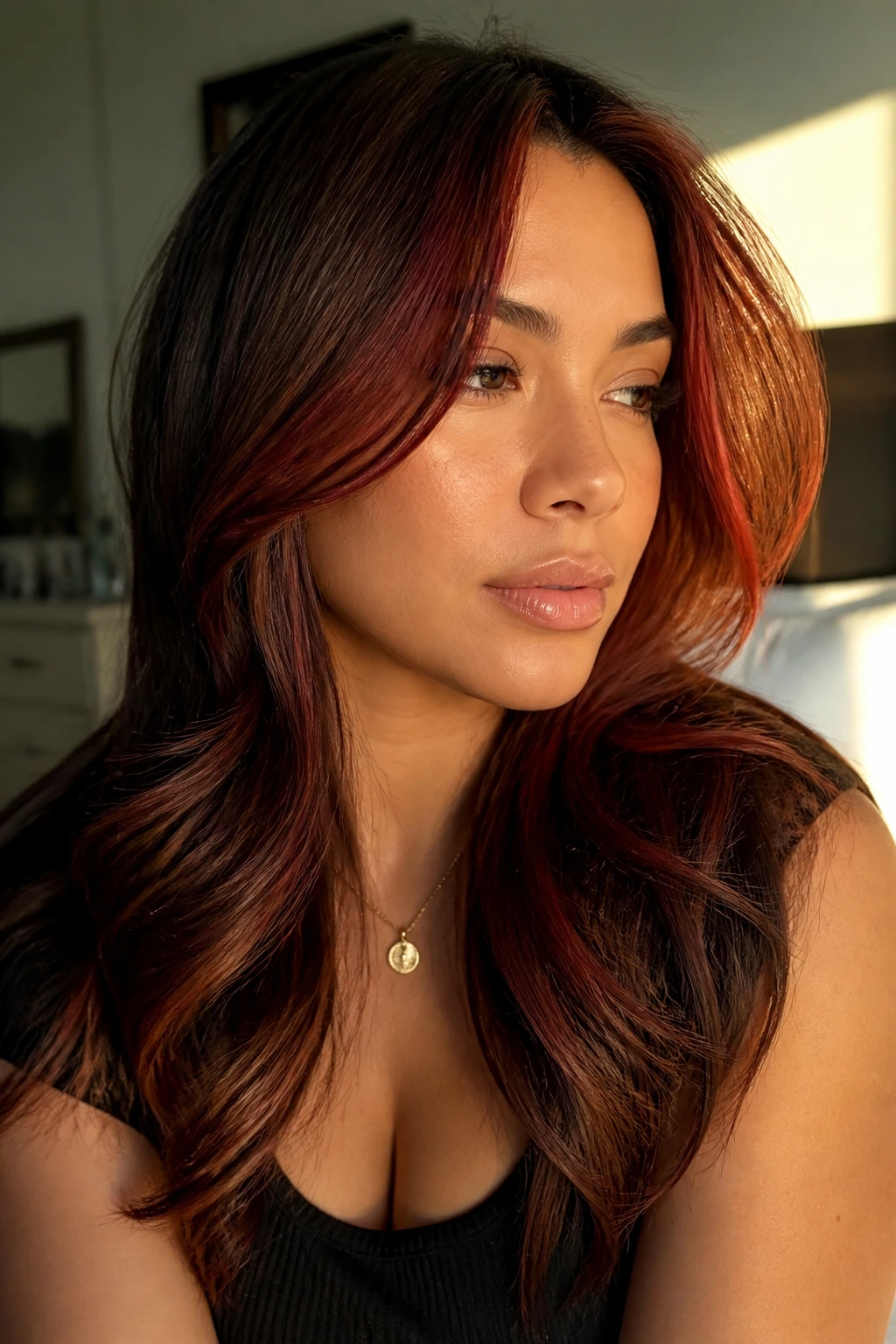 Close-up portrait of a real woman with brick red face-framing lowlights