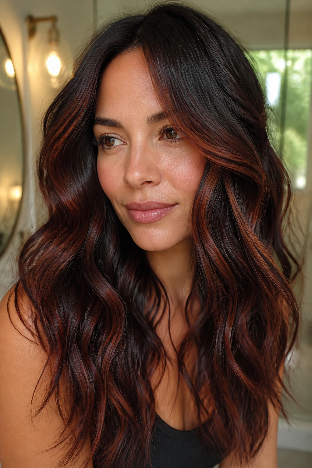 Close-up of real woman with brick-red gloss highlights in dark wavy hair.