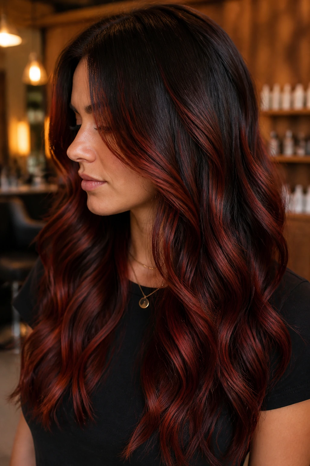 Real person hair with brick red panels through mid-lengths against brunette base