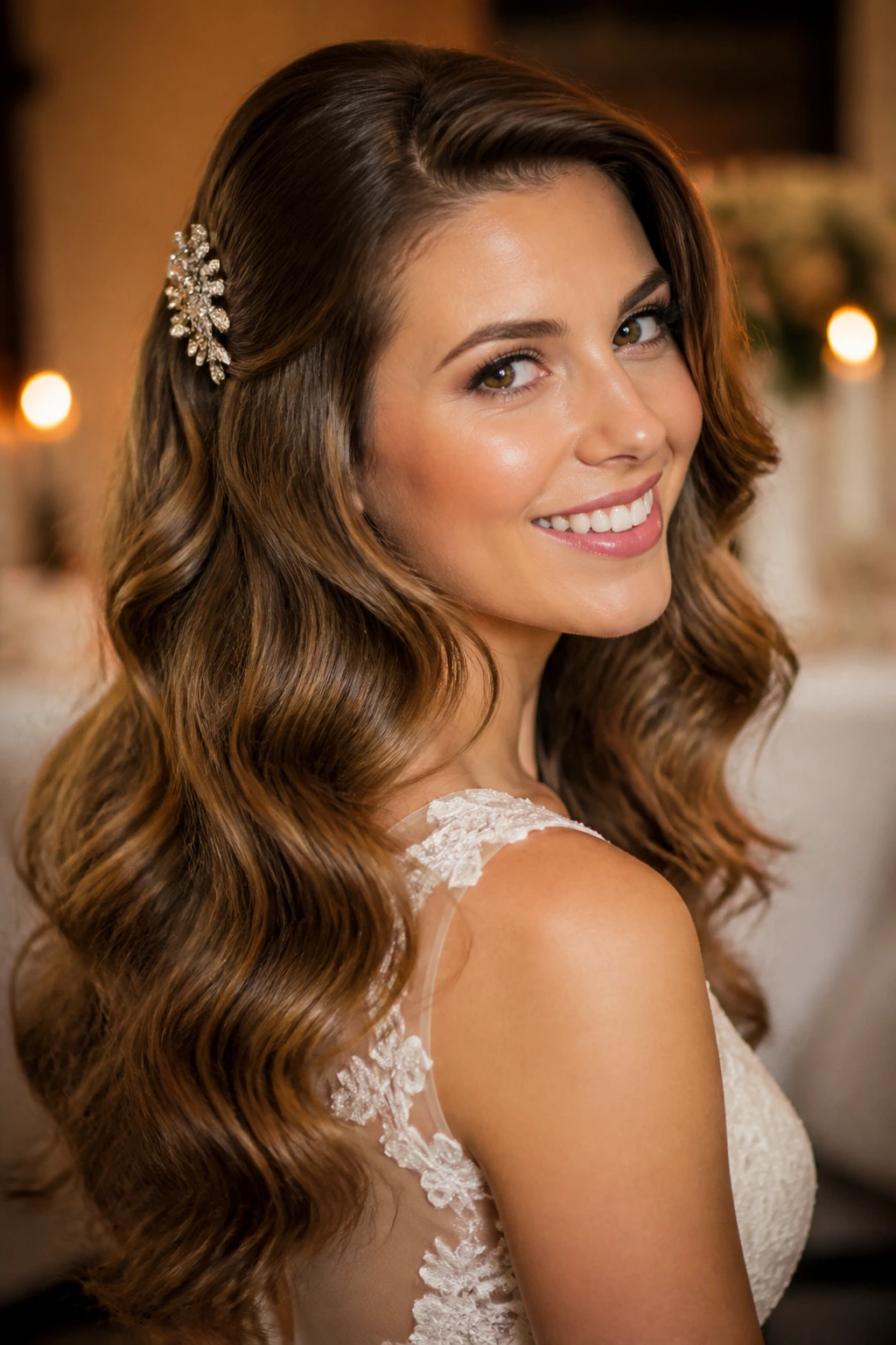 Bride with bridal glow waves and crystal pin in a wedding setting