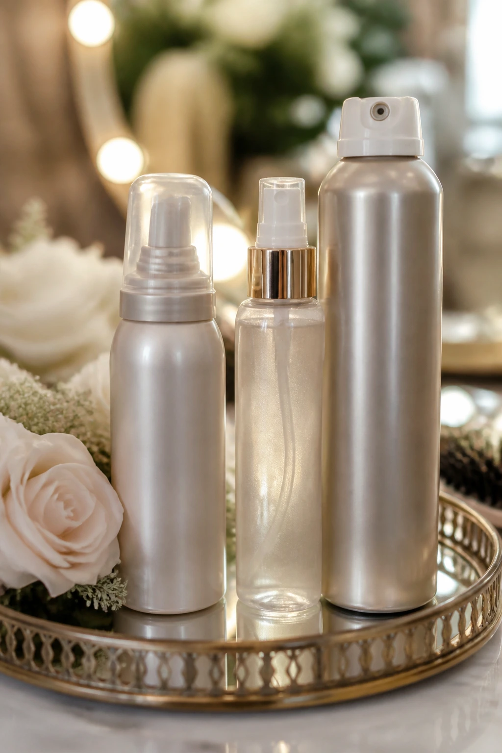 Close-up of bridal hair products for hold and shine on a vanity