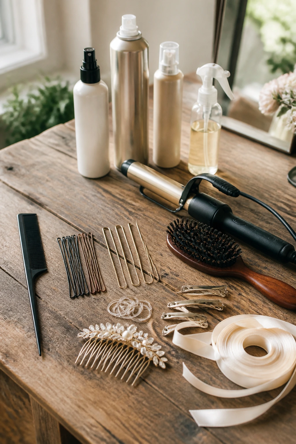 Close-up of essential bridal hair tools arranged on a wooden vanity