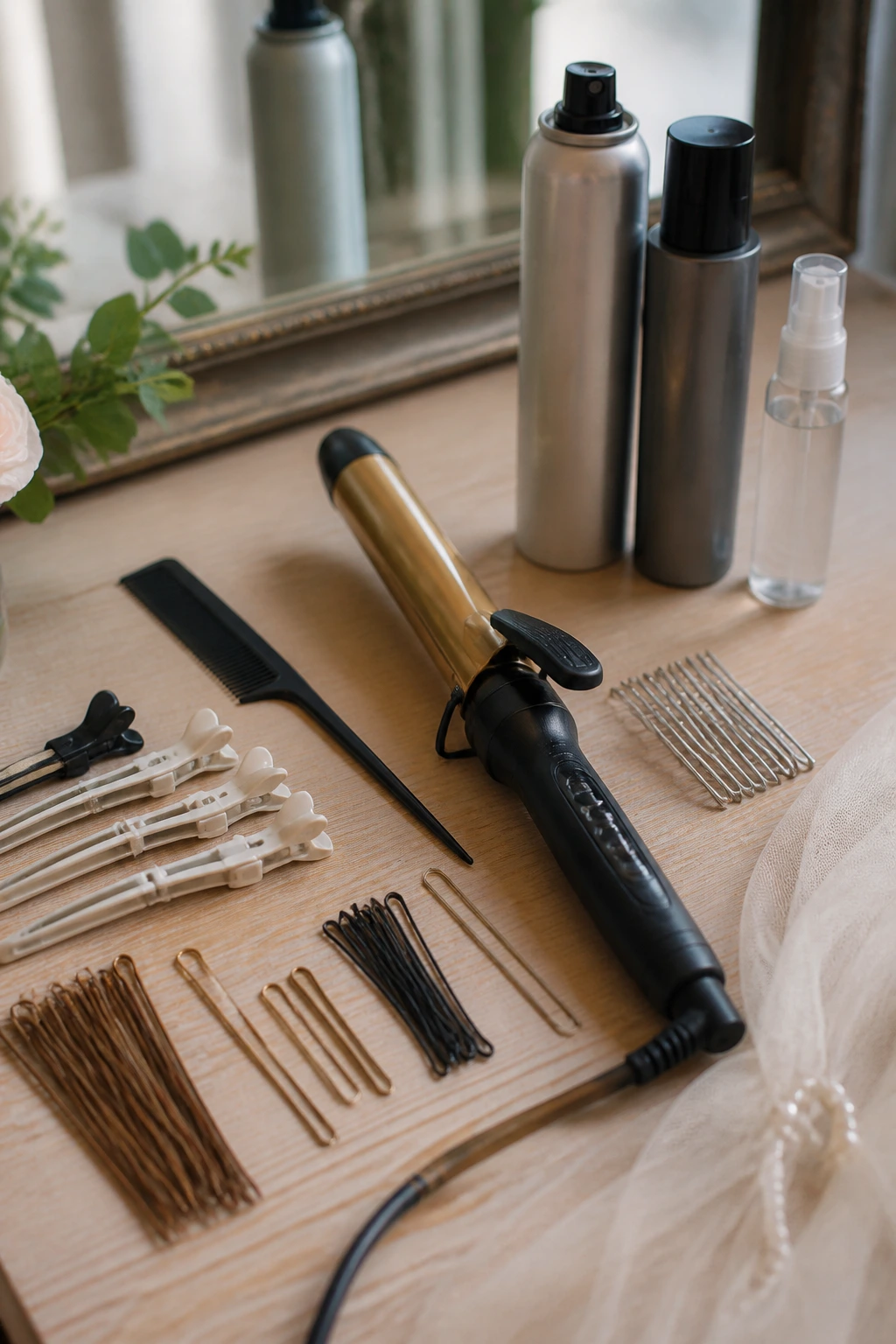 Close-up of bridal hair tools arranged on a light wood surface