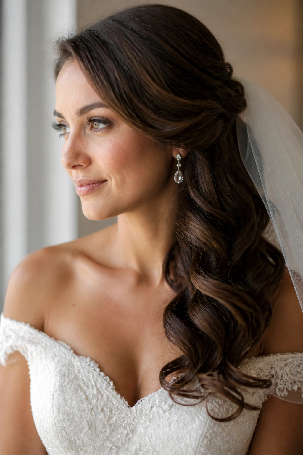Bride with side-swept wavy hairstyle matching dress and veil
