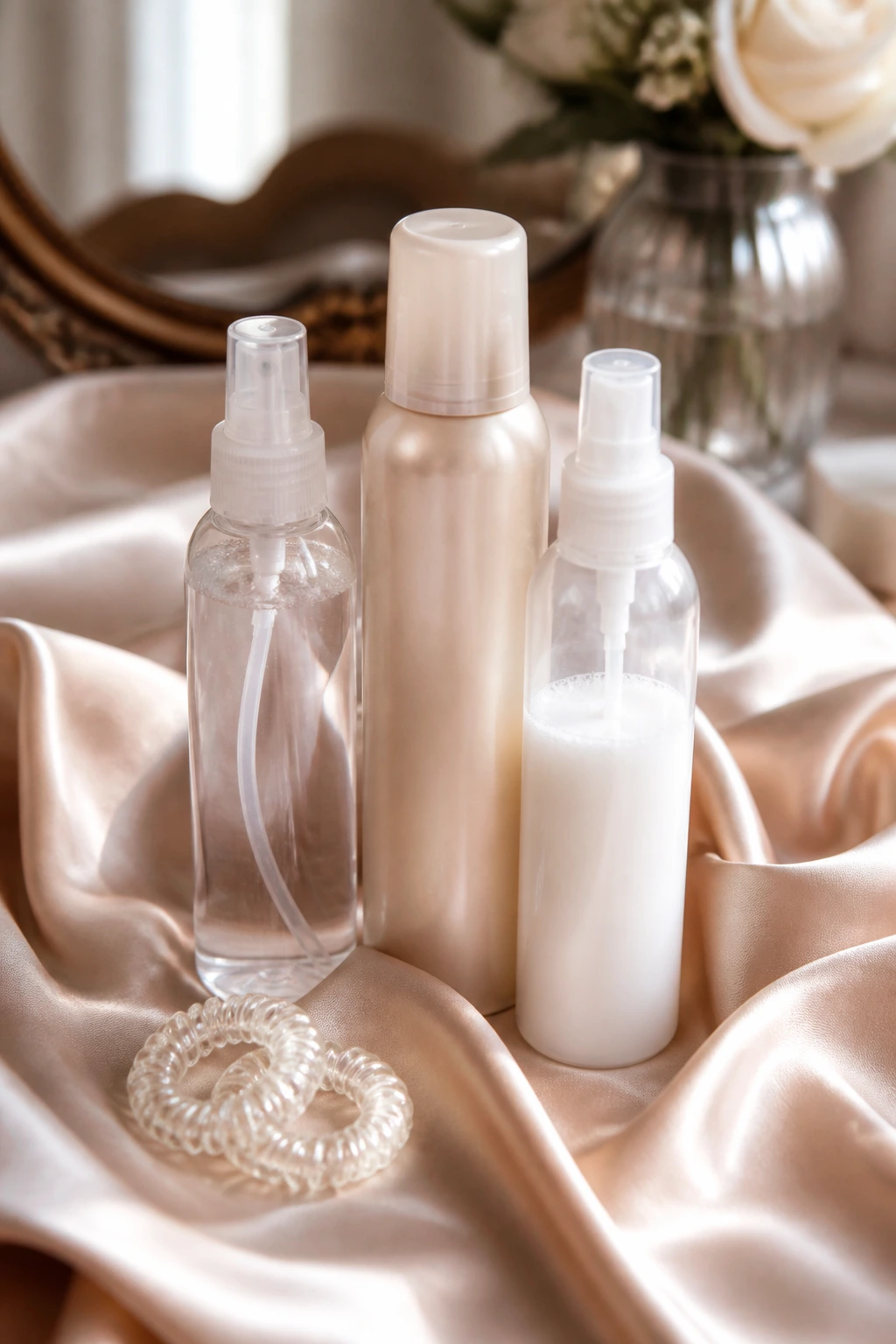 Bridal hair prep products on satin surface