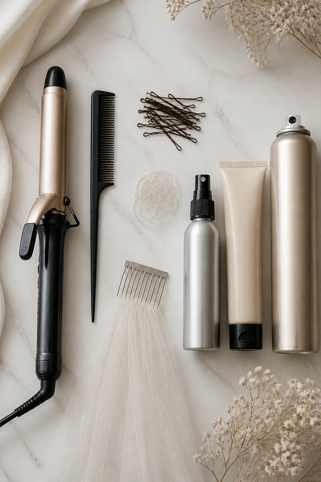Flat lay of bridal hair tools and products on a light surface