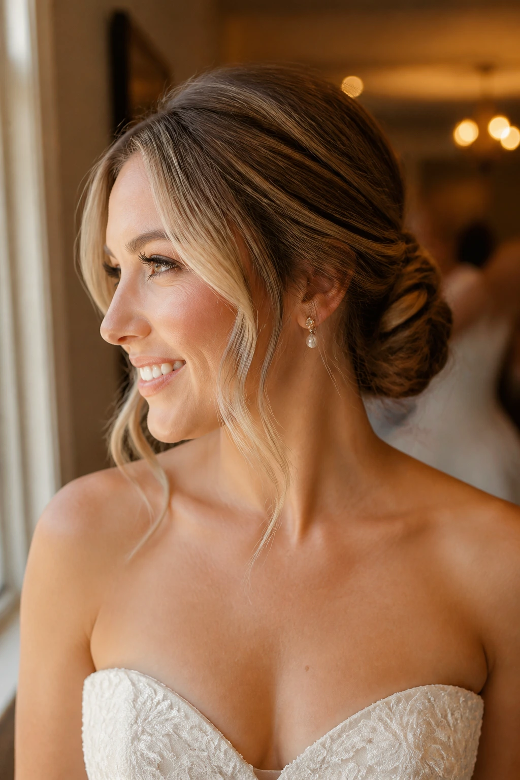 Bride with low bun money pieces in bridal suite ready for reception