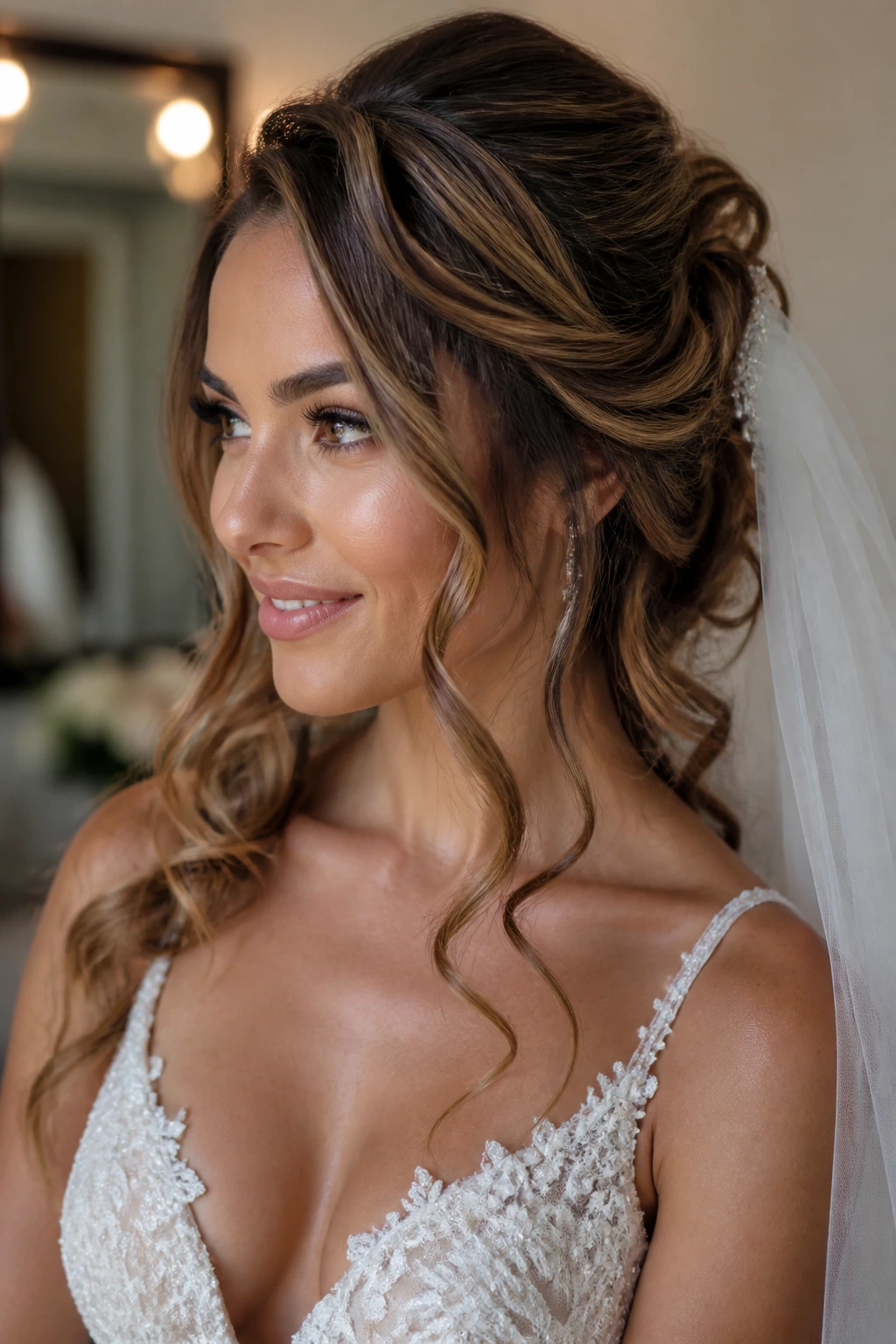 Close-up of a real woman with a soft bridal hairstyle and caramel highlights in a dressing room.