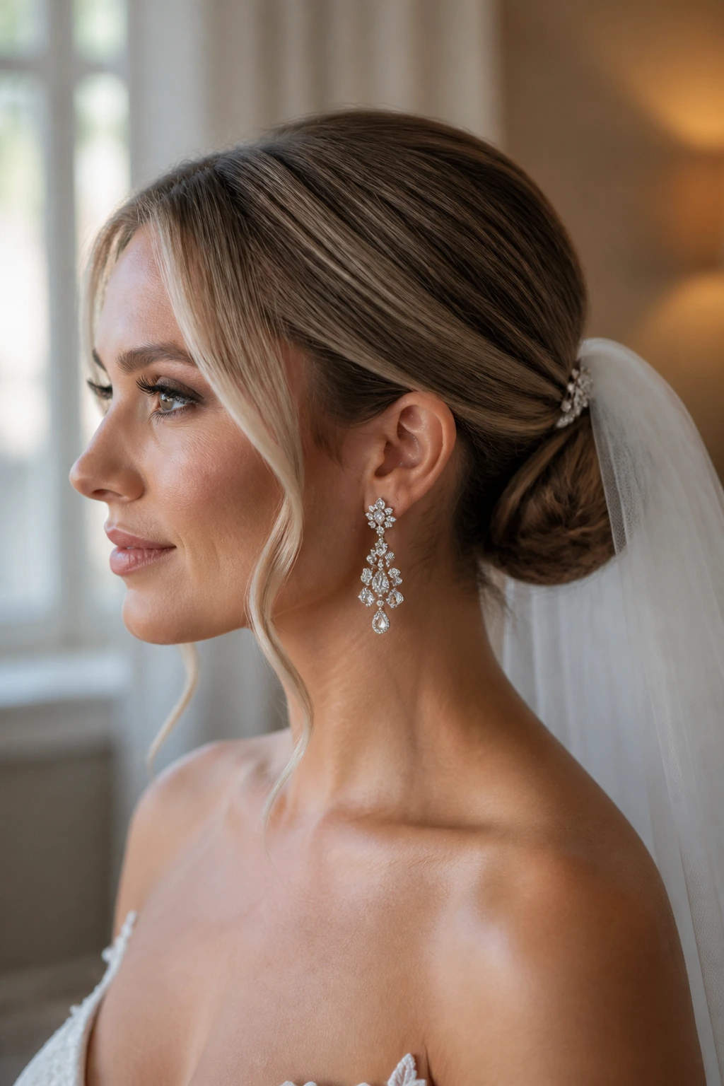 Real bride with low bun, veil, and chandelier earrings in soft window light