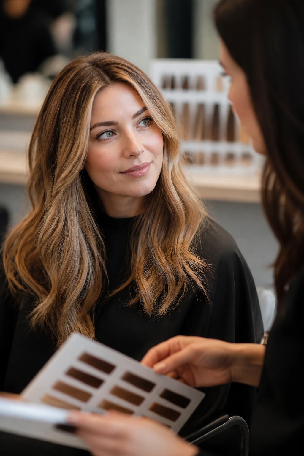 Portrait of a real person in a salon discussing color brief with colorist, hair showing beige caramel