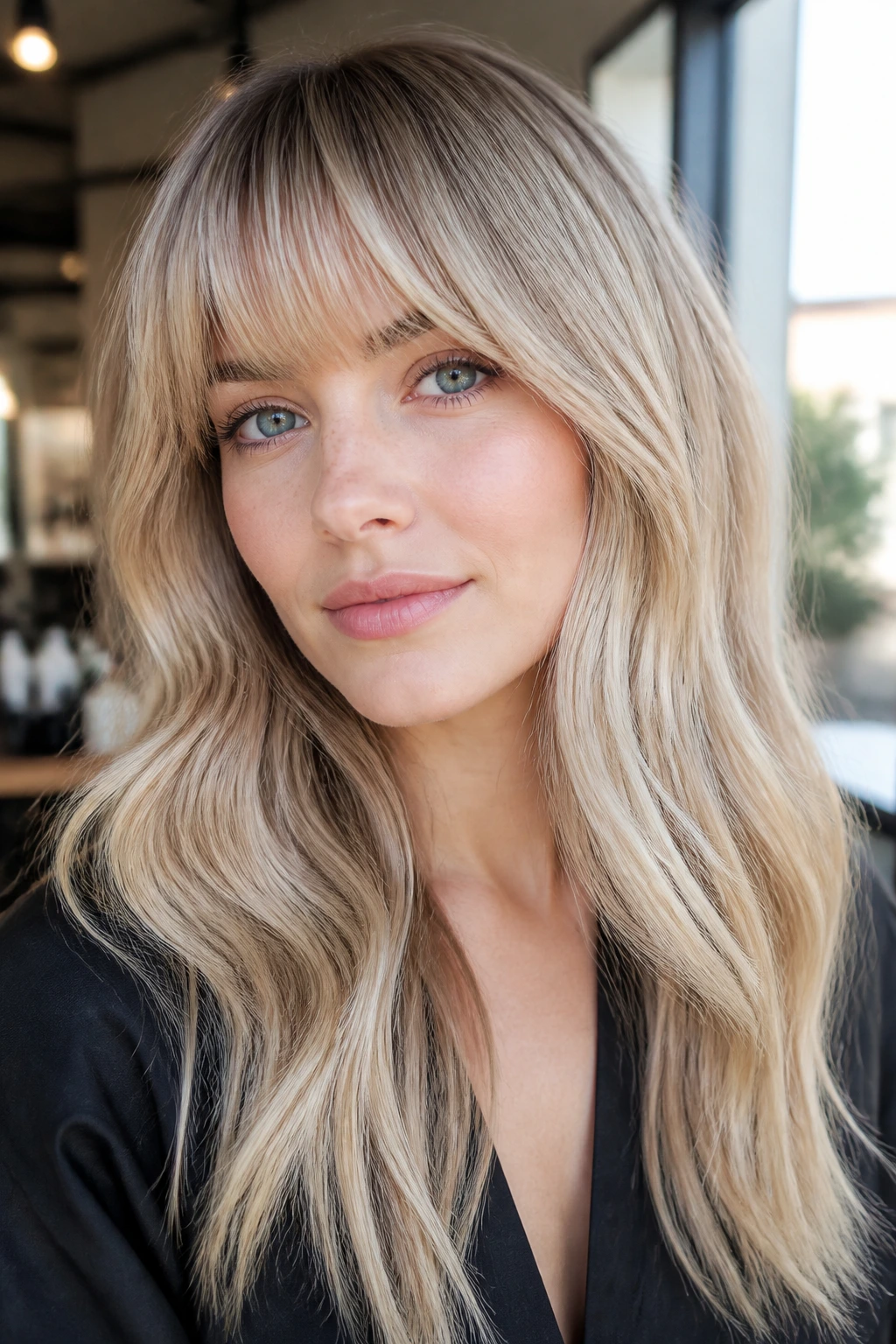 Portrait of a real woman with bright beige balayage and rounded bangs in natural light