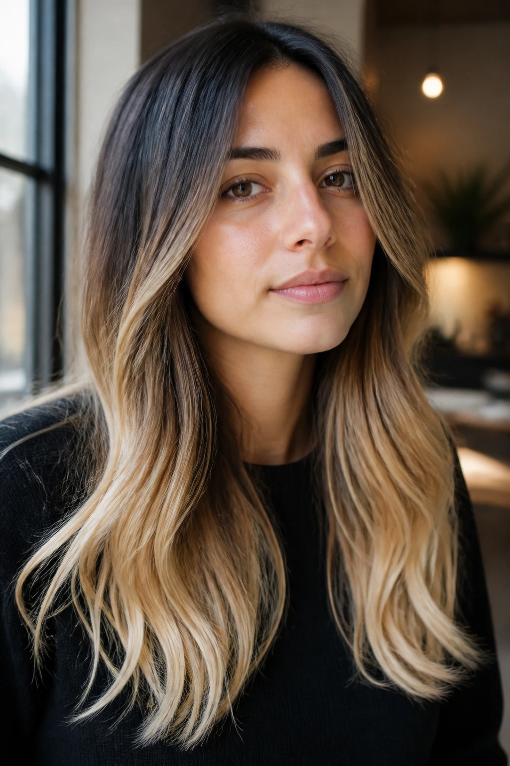 Close-up of a real person with long dark hair and bright blonde ends in a winter light