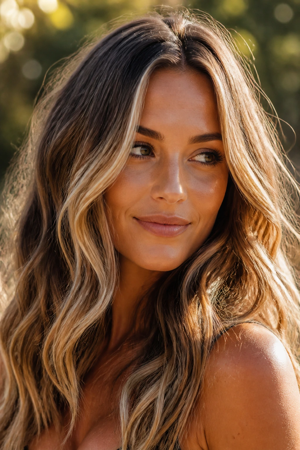 Close-up of a real woman with bronde waves and honey ribbons catching sun