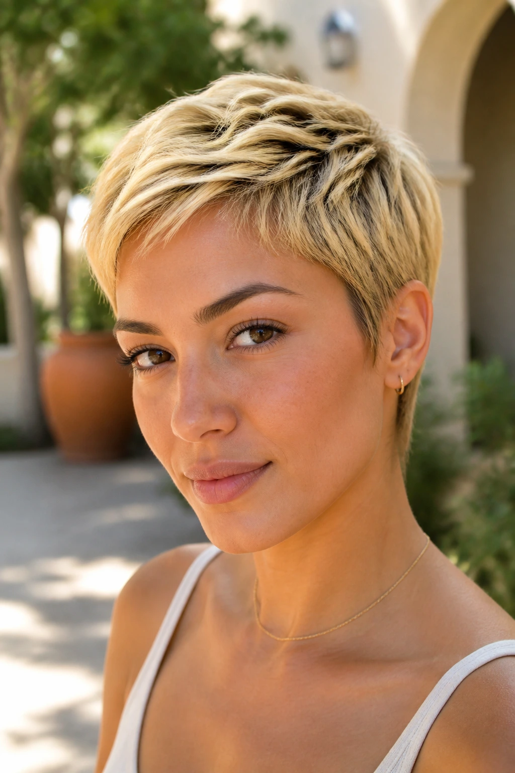 Close-up of a real woman with a bright butter pixie, deeper roots and glowing crown.