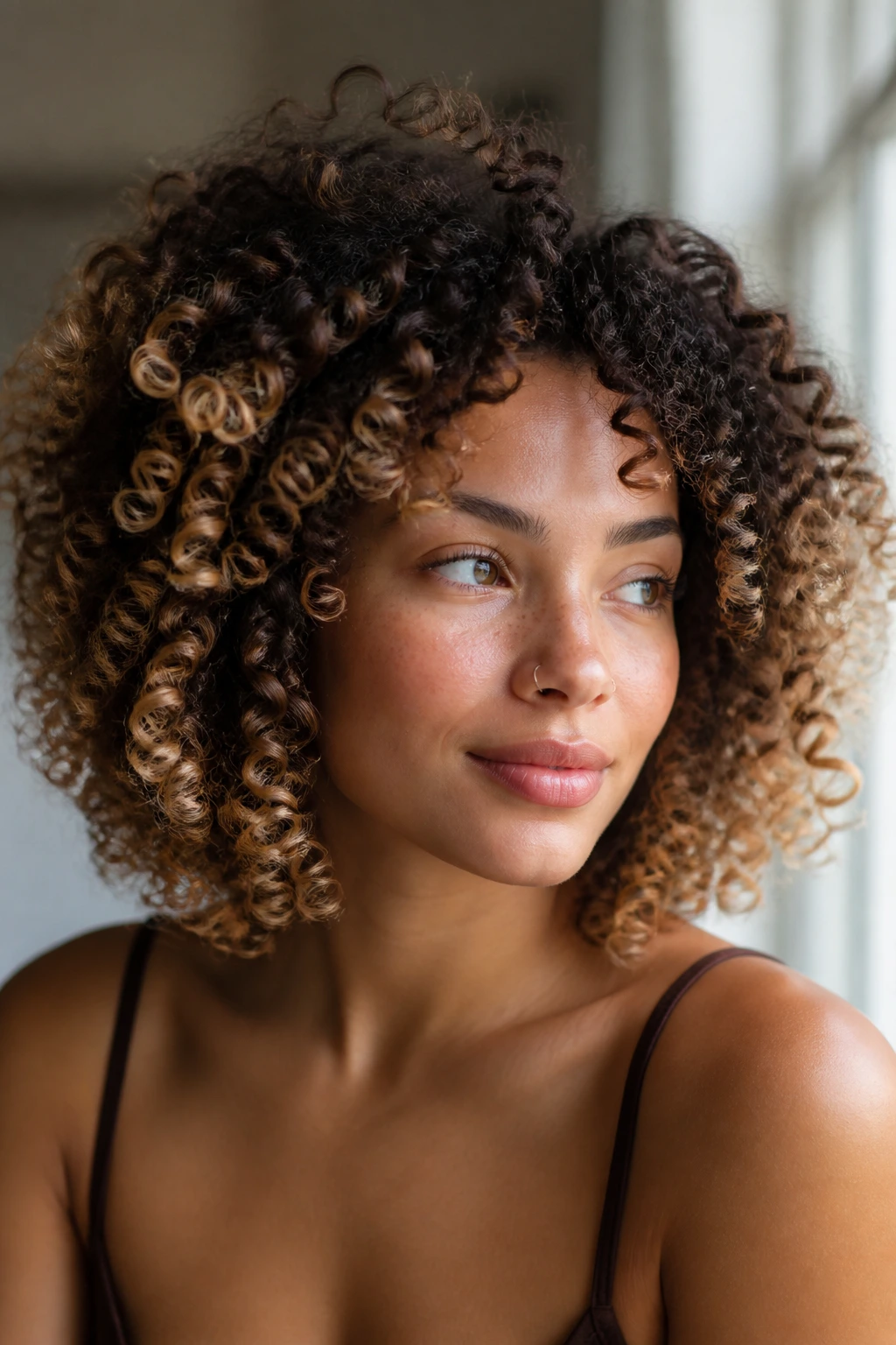Real woman with tight ringlets and bright blonde ends