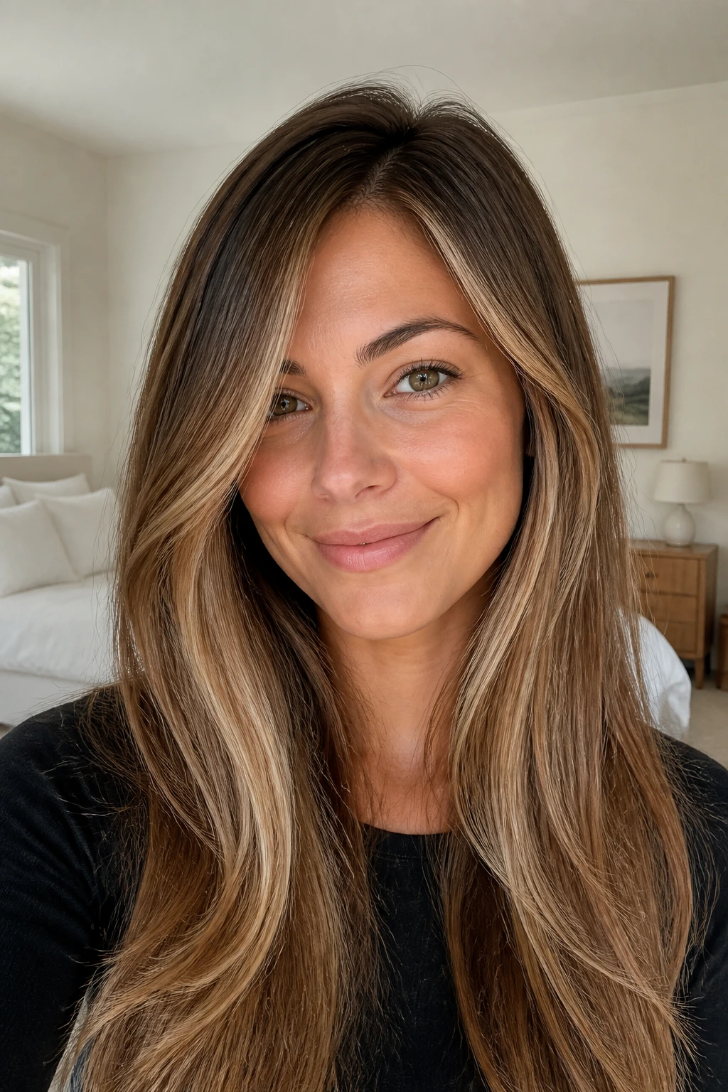 Close-up of a real woman with a brightened front frame and subtle cheek highlights