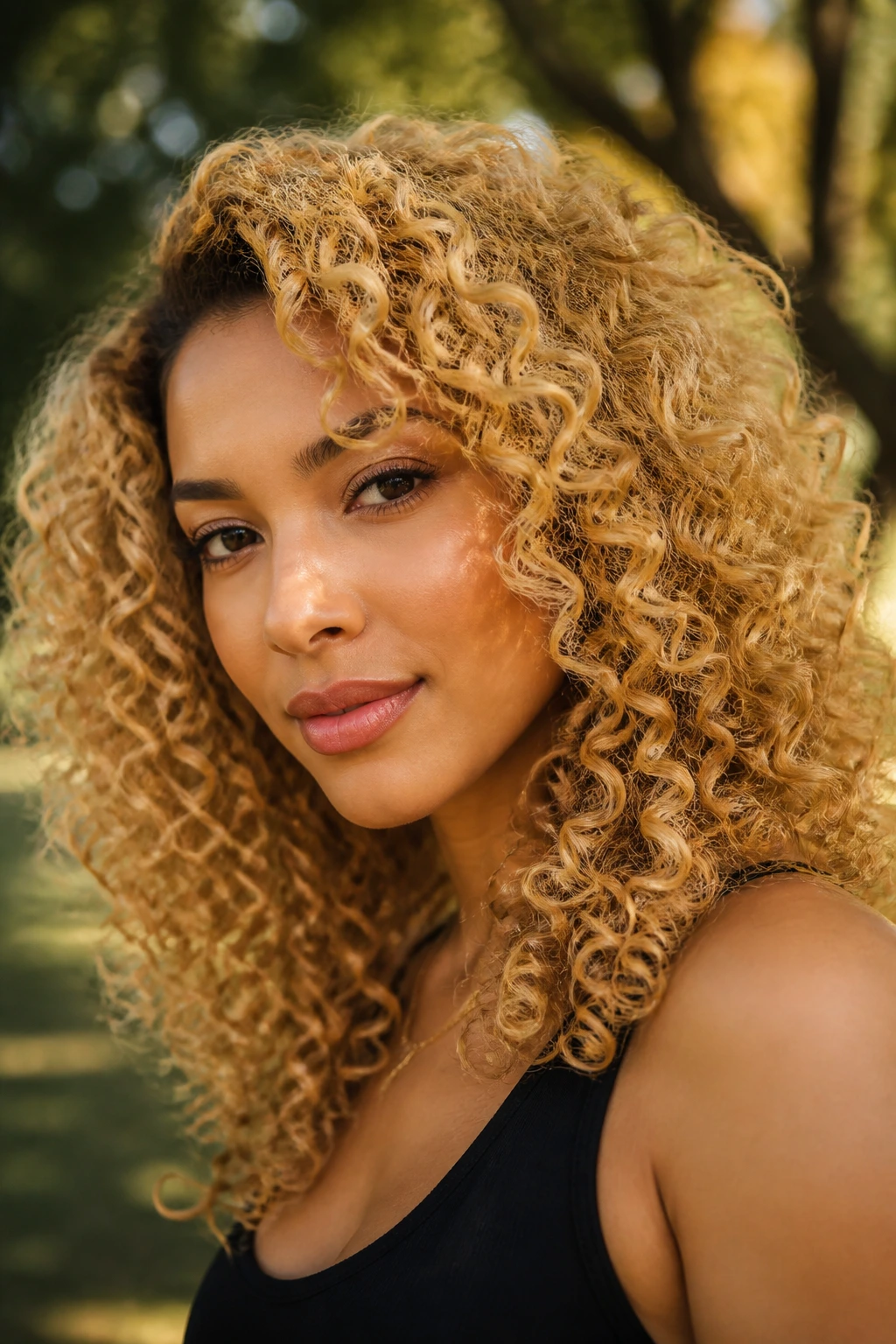Close-up of a real woman with bright golden blonde curls in natural light