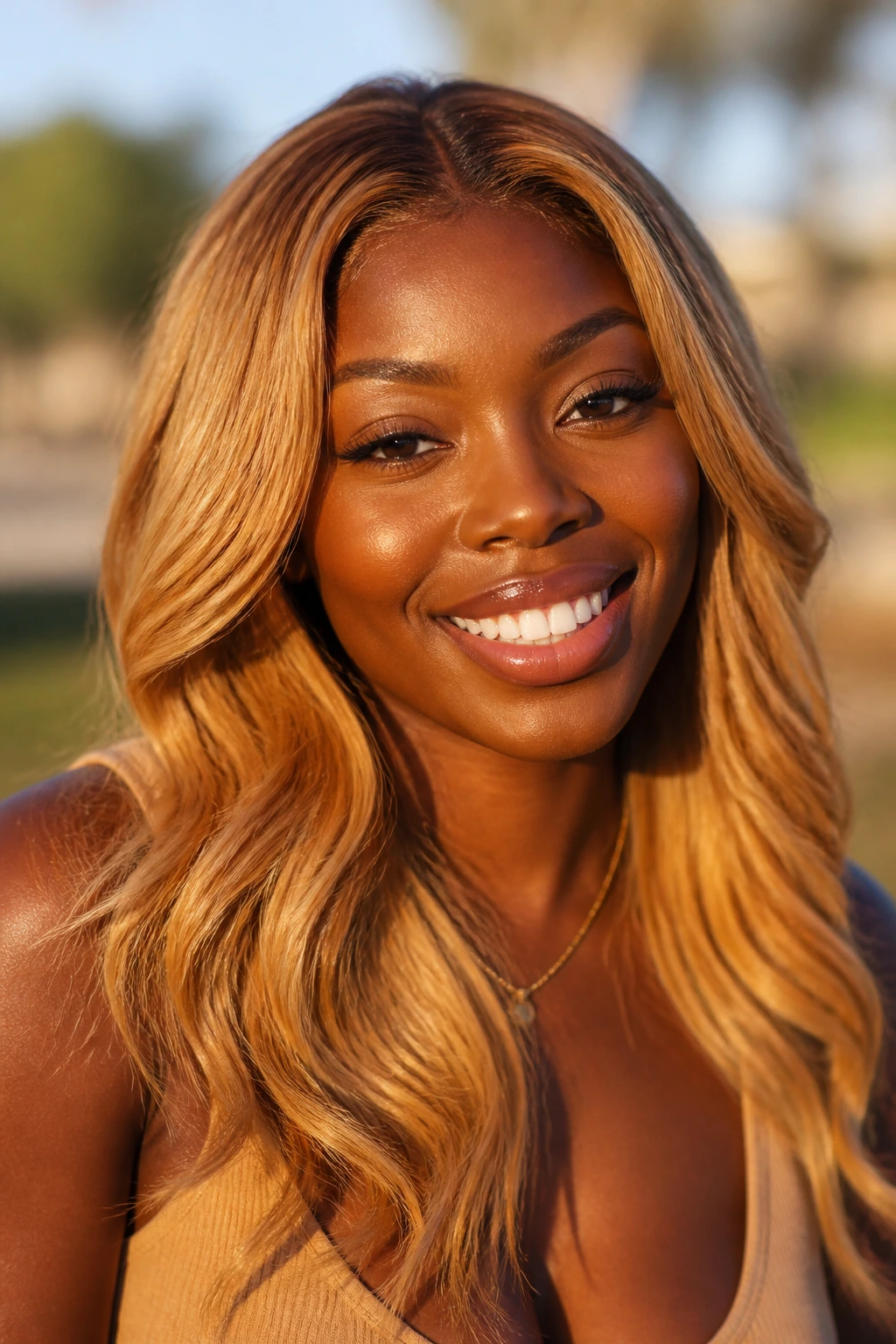 Portrait of a deep-skinned person with bright honey blonde hair in golden hour light