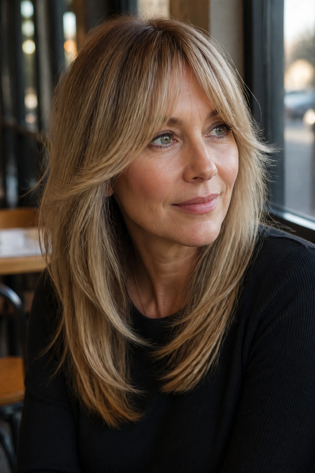Close-up of a real woman with brightening face-frame fringe framing eyes