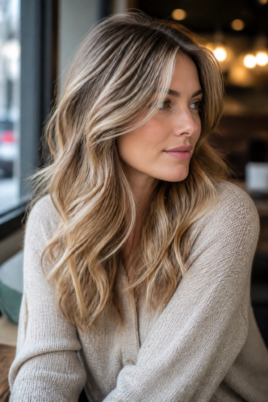 Close-up portrait of a real woman with brightening layers on fine wavy hair