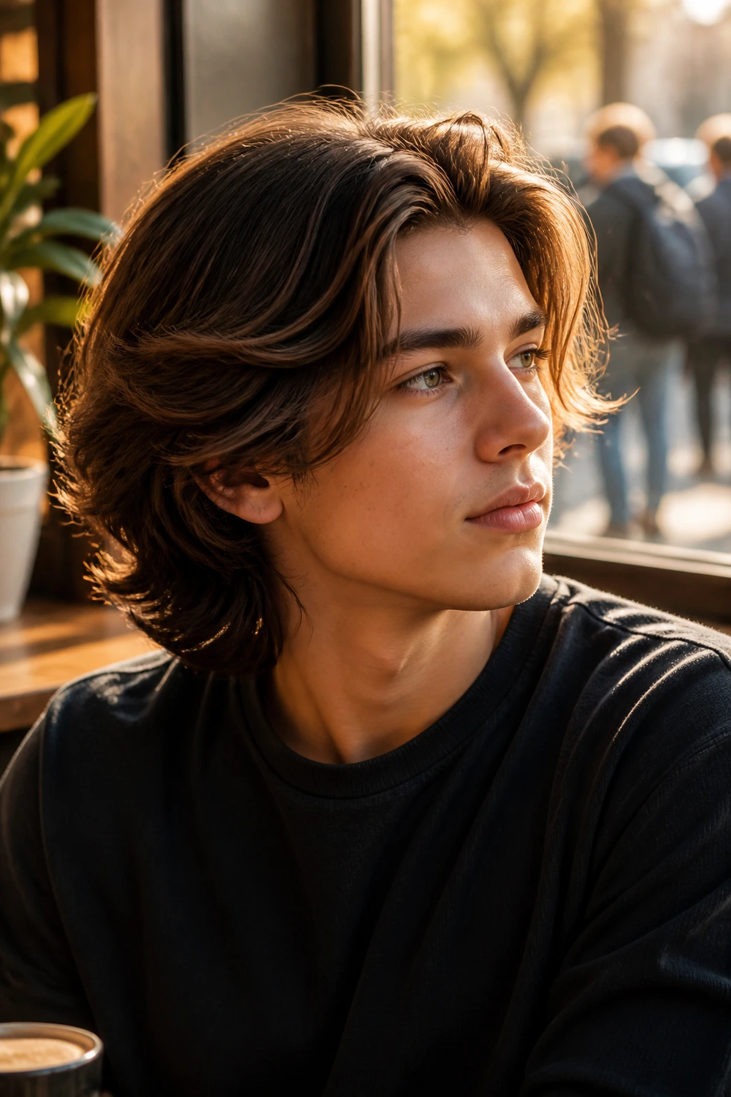 Medium close-up of a boy with a longer bro-flow bob at a cafe window during golden hour