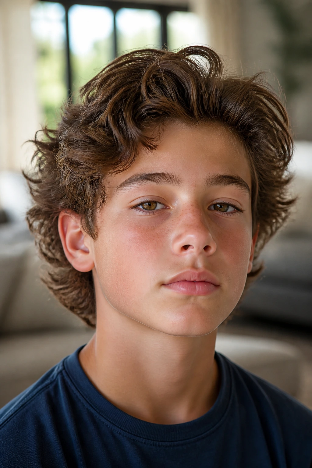 Close-up portrait of a real preteen boy with medium-length layered curly hair in a bro flow.