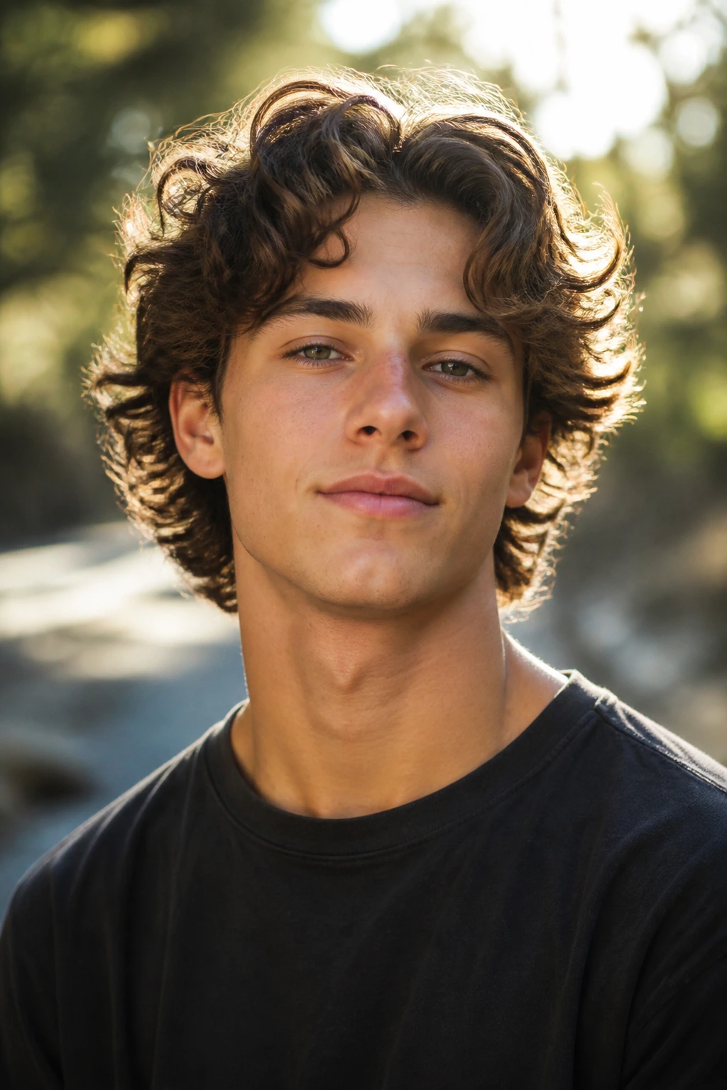 Head-and-shoulders portrait of a boy with bro flow curls and soft layers in sun