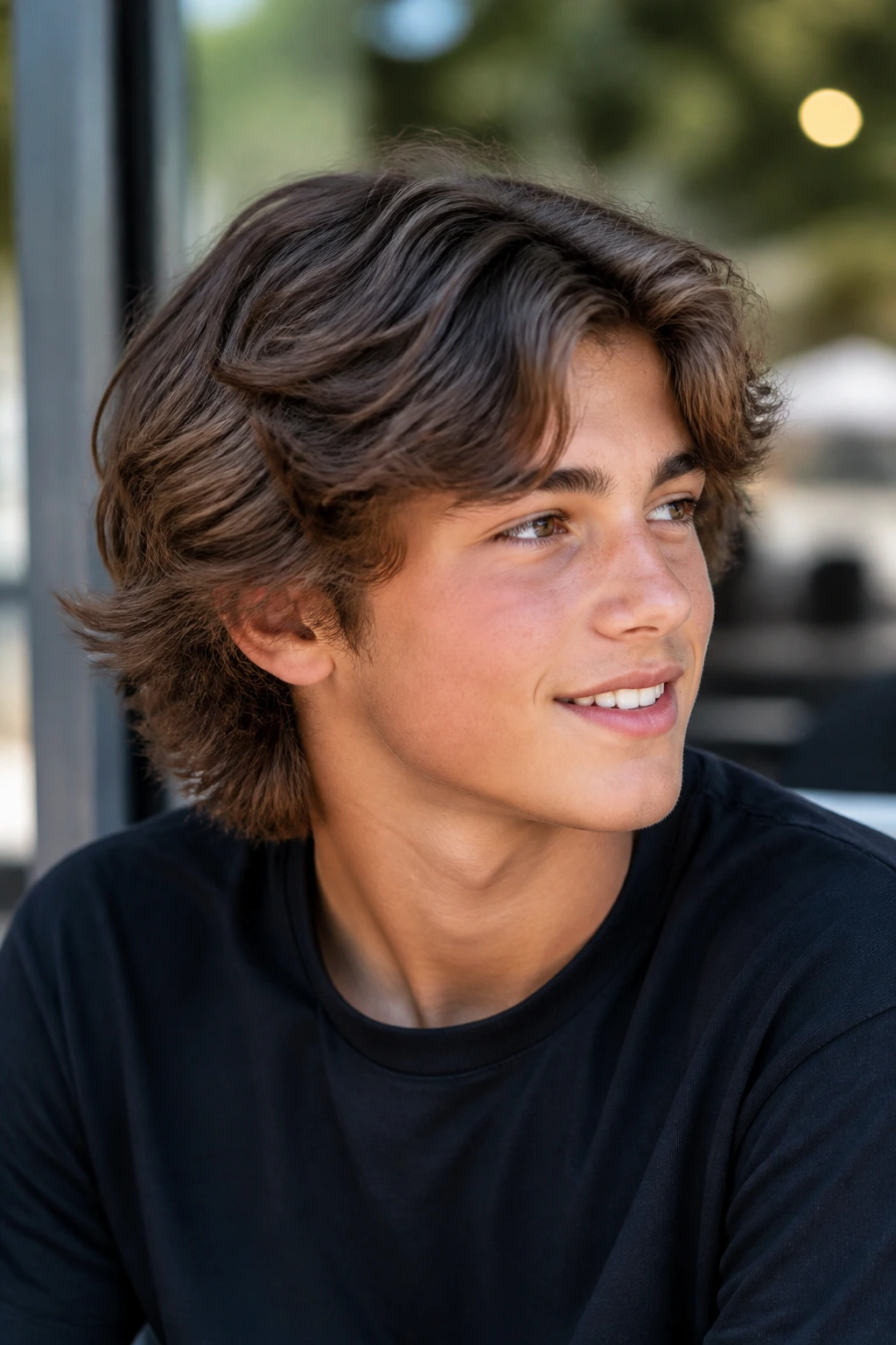 Boy with medium bro flow hairstyle and layered ends