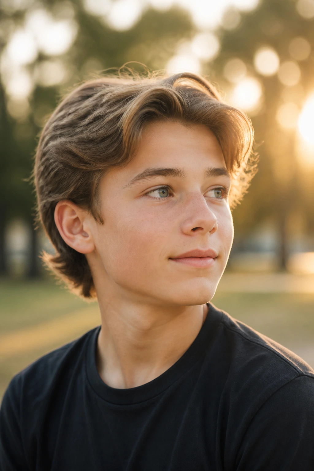 Close-up of a real boy with a bro flow lite hairstyle in a sunny park.