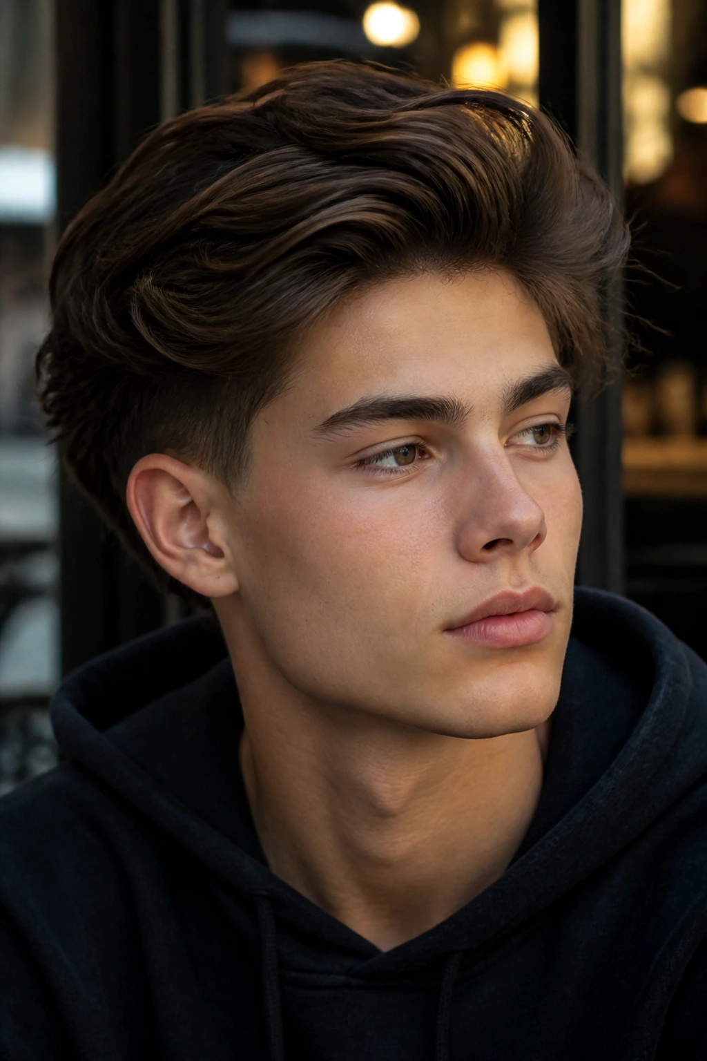 Close-up portrait of a real boy with a bro flow undercut in a natural setting