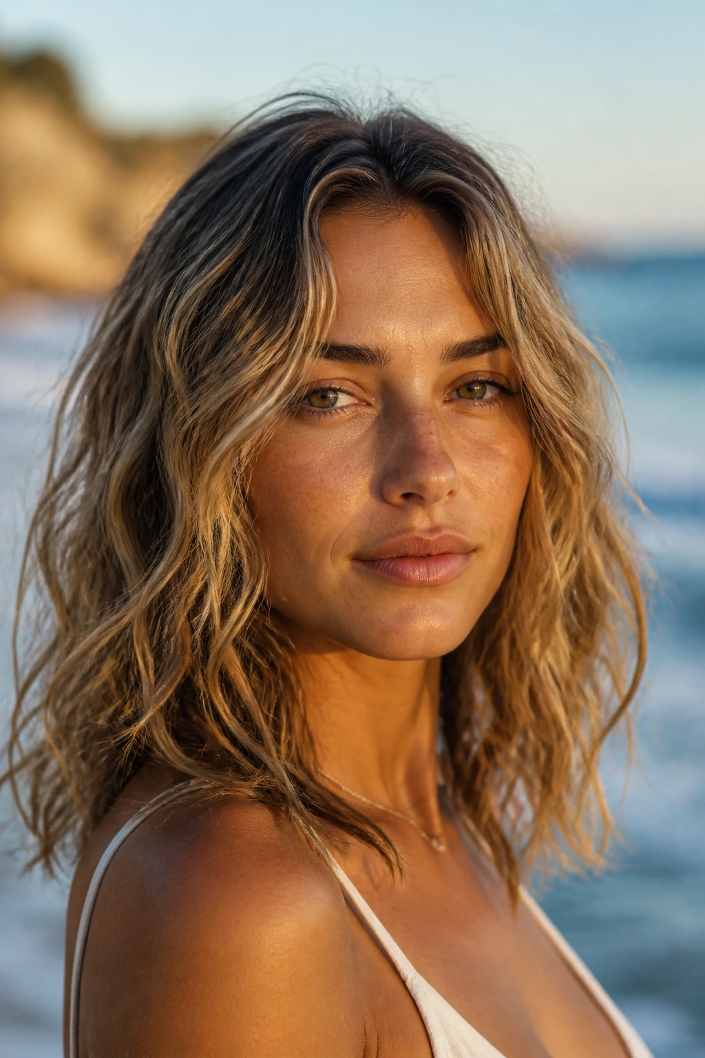 Close-up of a real woman with broken-bend waves on shoulder-length hair at the beach.